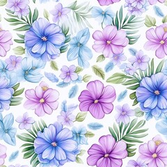 A vibrant floral pattern featuring various blue and purple flowers.