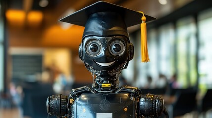 Fototapeta premium AI robot wearing a graduate cap graduated from university, artificial intelligence is replacing and displacing humans