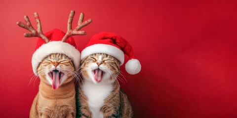 Merry Christmas concept holiday vacation winter greeting card - Cute santa claus two cats with santa hat and reindeer antlers, isolated on red background