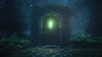 Magical portal door in dark forest, fairytale entrance.