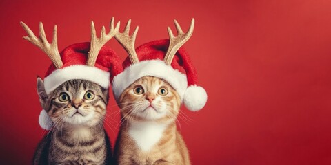 Merry Christmas concept holiday vacation winter greeting card - Cute santa claus two cats with santa hat and reindeer antlers, isolated on red background