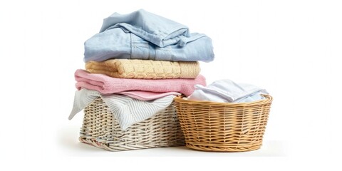 Obraz premium Stack of clean clothes and wicker basket with clean laundry, isolated on white background