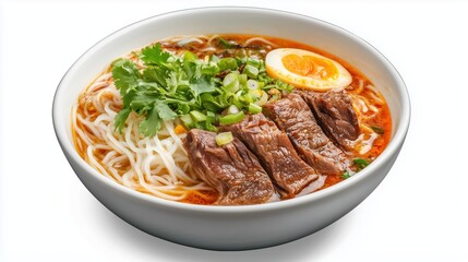 Fototapeta premium Tom Yum Soup with Meat and Assorted Ingredients on a White Background, Showcasing Its Flavorful Broth and Aromatic Elements.
