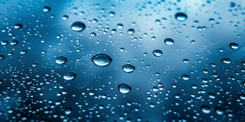 Water drops on glass with blue background Rain drops on window