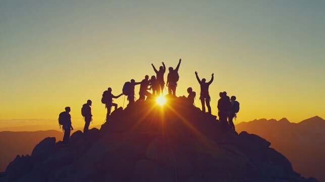 A team of climbers reaching the summit at sunset, symbolizing teamwork and adventure as they conquer the mountain peak, creating a breathtaking backdrop of nature&rsquo;s beauty.