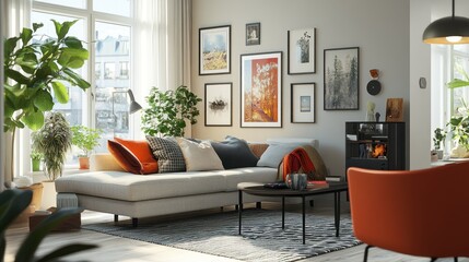 A cozy living room with plants, art, and a fireplace, creating a warm atmosphere.