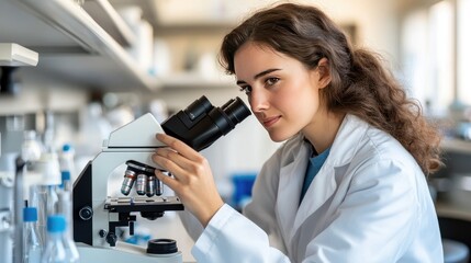 A female scientist with curly hair peers through a microscope, analyzing a vibrant blue liquid in a well-equipped laboratory filled with lab equipment