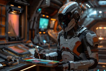 Futuristic art studio a robot artist creates vibrant masterpieces in a modern creative space