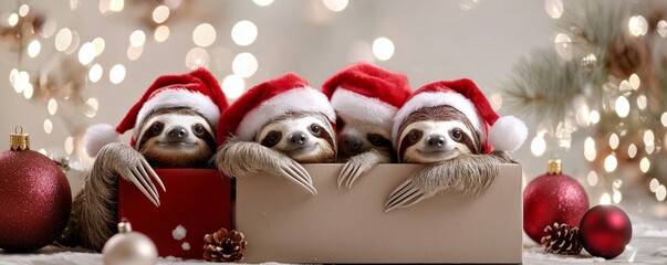 A festive scene with three sloths in red Santa hats, happily emerging from a Christmas gift box, surrounded by ornaments and warm holiday lighting.