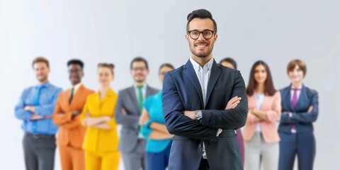 Obraz premium Team leadership concept with a leader standing in front of a diverse group of team members