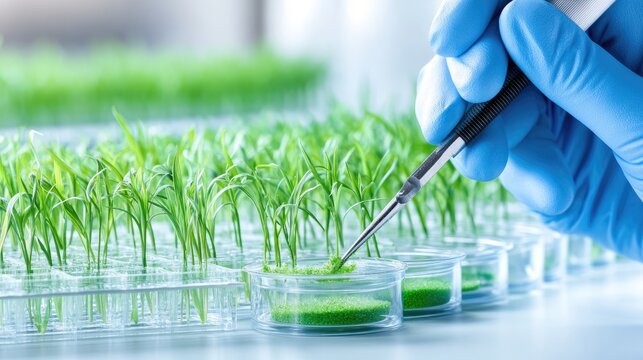 A scientist carefully places plant cells into Petri dishes using tweezers, contributing to important botanical research in a lively laboratory filled with greenery.