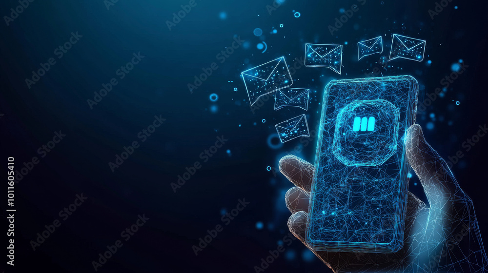 Poster a hand holds a phone showing a chat bot logo on the screen. speech bubbles pop up, symbolizing a con