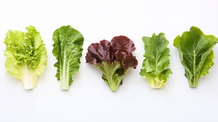 A vibrant variety of fresh lettuce leaves arranged in a row on a white background, showcasing the diversity of leafy greens ideal for healthy eating and salad preparation.