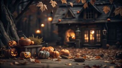 Naklejka premium Cozy Halloween Scene with Pumpkins and Lanterns in Autumn Forest for Seasonal Blogs, Greeting Cards, and Holiday-Themed Websites
