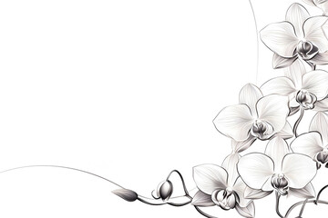 Orchid frame or border on white background. Black and white minimalist illustration. Invitation, greeting card design with copy space.