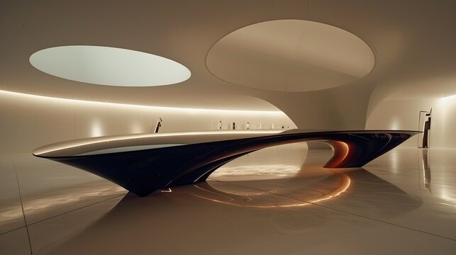 A modern, minimalist makeup station with a black, rounded table