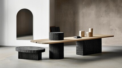 A modern, black, rounded desk with a white wall and mirror