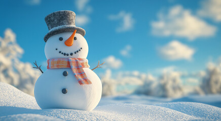 Obraz premium a playful snowman standing proudly, complete with a scarf, top hat, and carrot nose