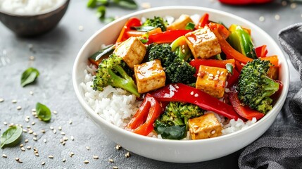 A vibrant vegetable stir-fry with colorful bell peppers, broccoli, and tofu, served with steamed rice in a white bowl