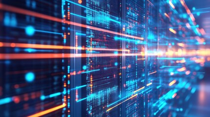 Fototapeta premium Abstract digital network with glowing lines and data structures.