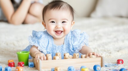 A little girl is happily playing with vibrant plastic cups on a table in a children's room while her mother watches, encouraging her fine motor skills through creative play