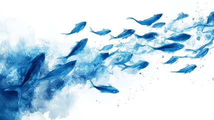 Obraz premium The abstract illustration shows a scene of a large number of blue small fish swimming against a pure white background. Minimalist design showcases the fluidity and sportiness of fish schools