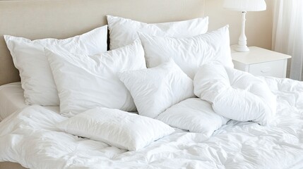 Obraz premium This inviting bedroom features a white bed adorned with plush pillows and a stylish beige headboard, accented by a bedside table and fresh flowers in soft natural light