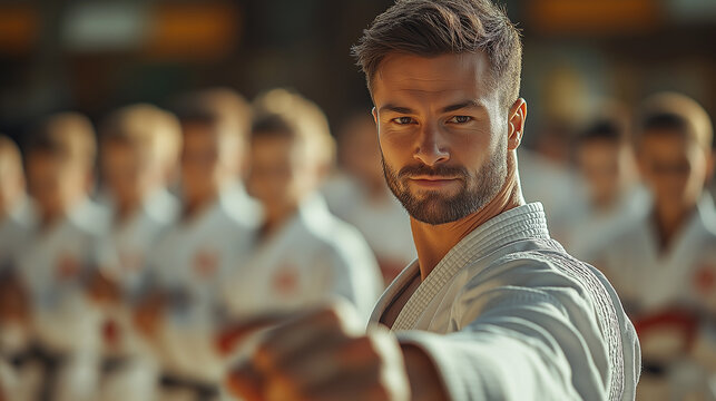 The teacher is taking care of the children in the sports class. He demonstrates karate moves to both boys and girls.