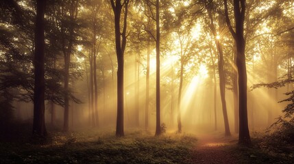 Naklejka premium Sunlight filtering through forest trees