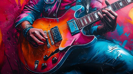 Guitar Player Illustration with Colorful Abstract Background
