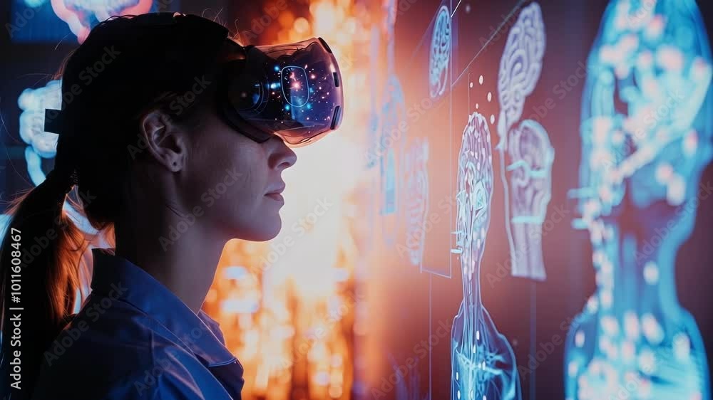 Poster scientist in a vr headset analyzes brain images in a high tech lab, exploring neurotechnology and br