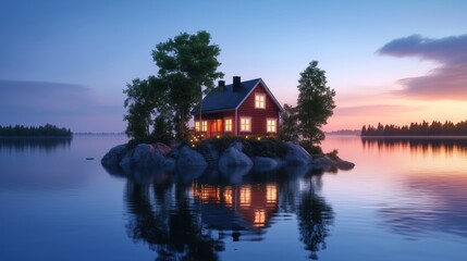 Tranquil Small Island at Sunset with Cozy Swedish House in Reflection