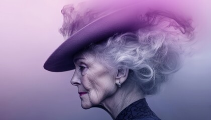 A powerful, aged witch with a piercing, knowing gaze, her worn hat sitting crooked on her head, standing against a soft, smoky gradient of gray and purple.