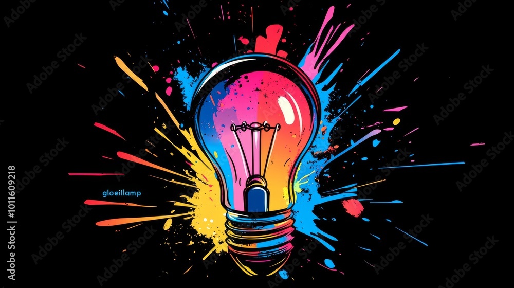Poster an artistic representation of a lightbulb with colorful paint splashes surrounding it. the vivid col