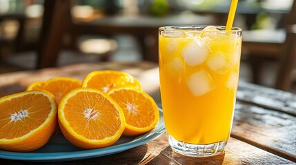Fresh orange juice with ice and fruit slices