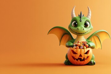 Fototapeta premium 3D happy green dragon holding a a jack-o'-lantern pumpkin with candies on orange background with copy space. Content: symbol of the year, halloween, holiday decorations, greeting card