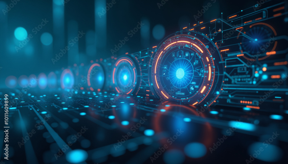 Poster a circuit board with a futuristic interface, featuring circular patterns and digital lights, represe