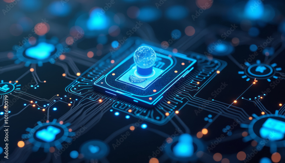 Poster a circuit board with a chip that has a glowing globe on top, representing blockchain technology. the