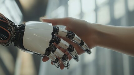 Handshake between a human and a robot symbolizing agreement, cooperation and unity in joint action