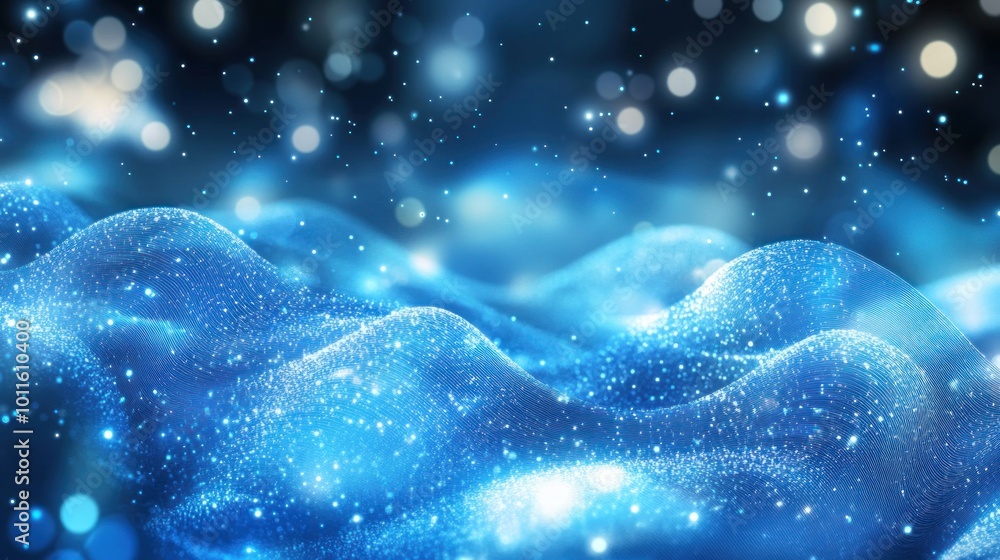 Poster abstract blue waves with sparkling effects, evoking a sense of depth and tranquility.