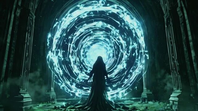 The Angel of Death opens a portal underworld graveyard. Dark energy flows in a vortex, new souls swirl inside, 4k Hand-drawn anime-style religious Background Animation Video