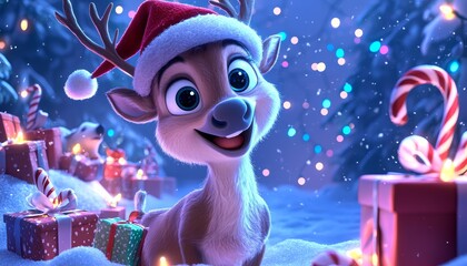 Fototapeta premium A smiling reindeer in a Santa hat, standing next to a decorated Christmas tree with twinkling lights in the background.