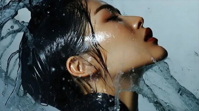 
Spectacular movement of the head of a young beautiful Asian woman throwing back her hair soaked in water in slow motion