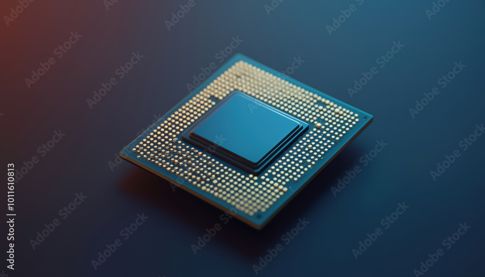 Poster close-up of a modern cpu chip on blue background: high-resolution close-up of a modern cpu chip plac