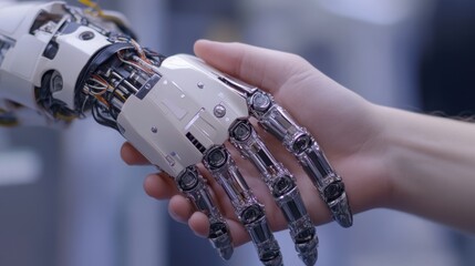 Handshake between a human and a robot symbolizing agreement, cooperation and unity in joint action