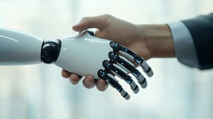 Handshake between a human and a robot symbolizing agreement, cooperation and unity in joint action