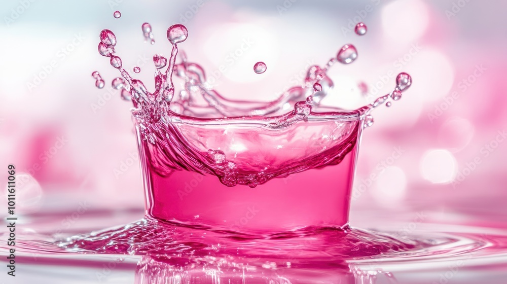 Poster a vibrant splash of pink liquid, creating dynamic ripples in a serene setting.