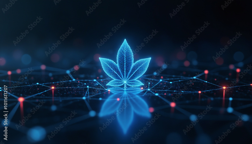 Poster leaf icon with network connectivity: a leaf icon integrated within a digital network, symbolizing su