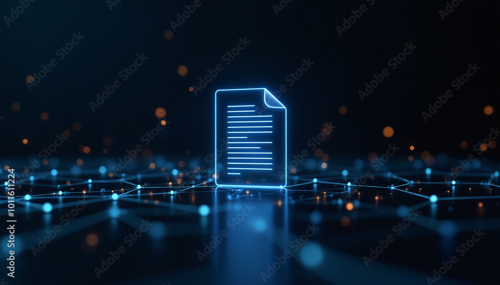 Poster document icon with network integration: a document icon within a digital network, symbolizing data m