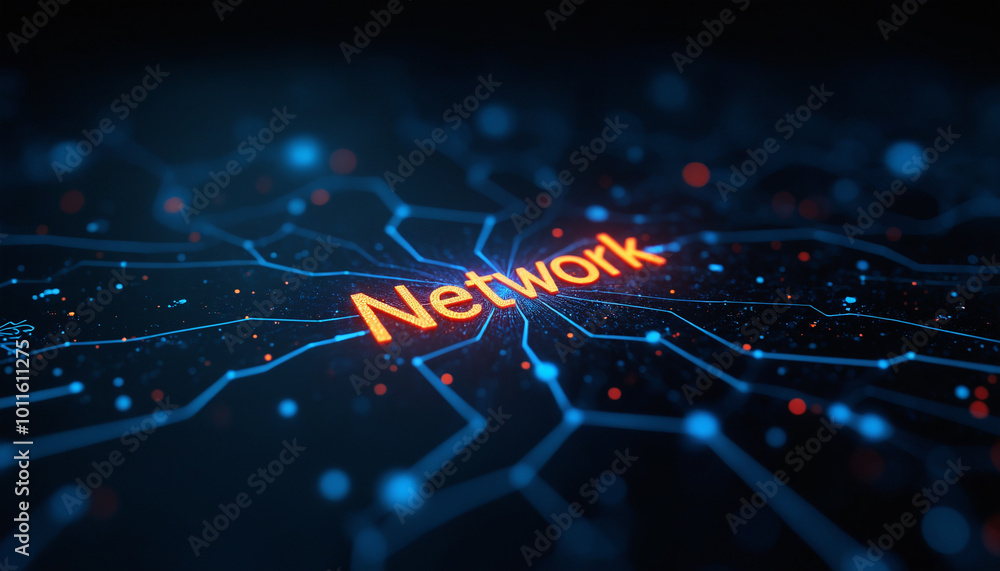 Poster network text with high-tech visuals: the term network displayed with high-tech, modern visuals, repr